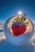 dichtbij omhoog van een aardbei in de sneeuw. generatief ai. foto