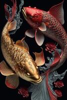 goud en rood koi vis Aan een zwart achtergrond. generatief ai. foto