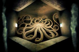 beeldhouwwerk van een Octopus in een donker kamer. generatief ai. foto