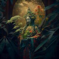 standbeeld van een vrouw omringd door planten. generatief ai. foto