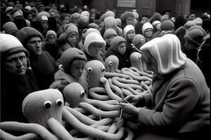 groep van mensen staand in de omgeving van een bundel van bananen. generatief ai. foto