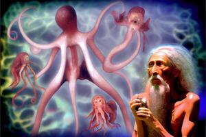 Mens met een baard staand in voorkant van een Octopus. generatief ai. foto