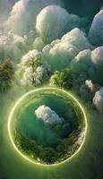 groen cirkel omringd door wolken en bomen. generatief ai. foto