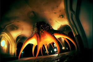 dichtbij omhoog van een Octopus standbeeld in een gebouw. generatief ai. foto