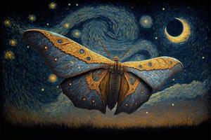 schilderij van een vlinder Aan een sterrenhemel nacht foto