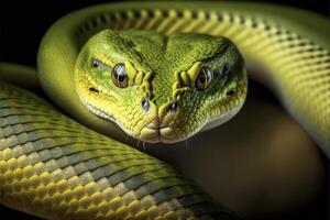 dichtbij omhoog van een groen slangen gezicht. generatief ai. foto