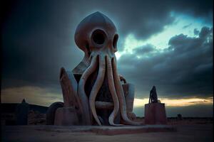reusachtig Octopus standbeeld zittend Aan top van een zanderig strand. generatief ai. foto