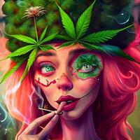 schilderij van een vrouw met marihuana bladeren Aan haar hoofd. generatief ai. foto