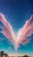groot roze engel Vleugels vliegend door een blauw lucht. generatief ai. foto