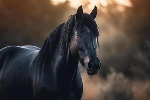 een volbloed zwart paard in de weiland. generatief ai foto