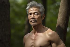 een ouderen Aziatisch Mens met grijs haar- en een atletisch bouwen. studio portret. generatief ai foto
