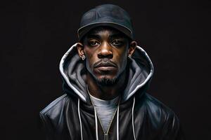 zwart rapper musicus. portret van een jong zwart mannetje Afro Amerikaan tegen een donker achtergrond. generatief ai foto