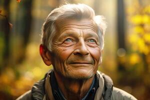 een ouderen glimlachen Mens, een opa met grijs haar- Aan een stad straat. portret. generatief ai foto