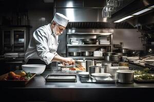 een mannetje chef kookt in de keuken van een restaurant. generatief ai foto