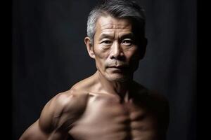 een ouderen Aziatisch Mens met grijs haar- en een atletisch bouwen. studio portret. generatief ai foto