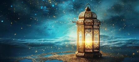 moslim maand van Ramadan kareem, moslim lamp in de achtergrond van de nacht verhaal. generatief ai foto