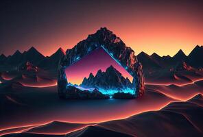 een futuristische landschap, lage polygoon bergen verlichte door neon licht Aan een helling achtergrond. onderdompeling in een surrealistische digitaal virtueel cyber wereld. 3d weergave. ai gegenereerd. foto