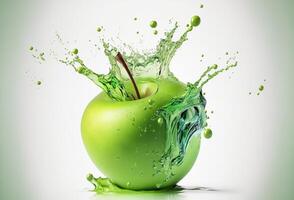 groen appel in een plons van water. explosie van Doorzichtig vloeistof en druppels Aan wit achtergrond. ai gegenereerd. foto