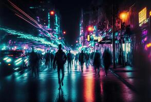 donker silhouetten van mensen, regenen, reflecties in de nat asfalt. nacht stad straat verlichte door neon licht. 3d weergave. ai gegenereerd. foto