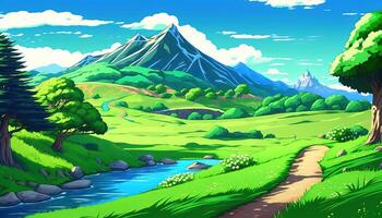 een mooi anime stijl zomer landschap. groen vallei, rivier, hoog bergen met sneeuw afgedekt pieken, blauw lucht met wit wolken. ai gegenereerd. foto