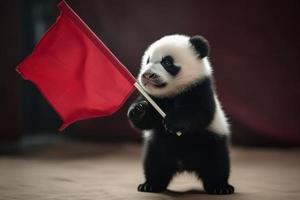 schattig klein panda met rood vlag. genereren ai foto