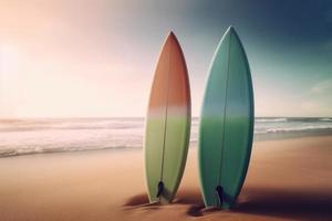 twee surfplanken Aan strand. genereren ai foto