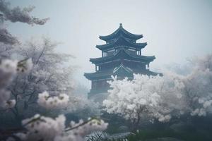 tempel Aan bloemen landschap. genereren ai foto