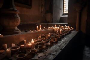 kaarsen verbrand in familie crypt van kerk graf ai gegenereerd foto