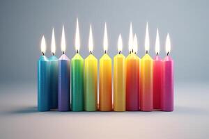 3d weergegeven verjaardag kaarsen Aan wit achtergrond met veelkleurig en verlichte vlam effect ai gegenereerd foto