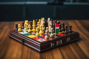 politiek bord intellectueel spel schaak met land vlaggen. hobby's en geest ontwikkeling. ai gegenereerd. foto