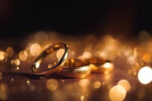 bokeh achtergrond met goud bruiloft ringen. ai gegenereerd foto