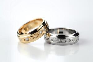 goud en zilver bruiloft ring reeks Aan wit achtergrond ai gegenereerd foto