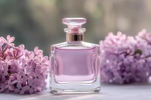 parfum fles met delicaat lila bloesem. generatief ai foto