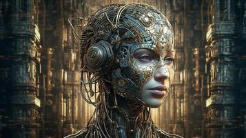 ai generatief cyborg met gloeiend brein. kunstmatig intelligentie- concept. foto