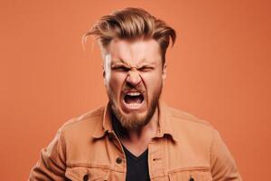 ai generatief een Mens Aan solide kleur achtergrond fotoshoot met woede gezicht expressie foto