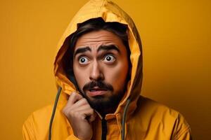 ai generatief een Mens Aan solide kleur achtergrond fotoshoot met angst gezicht uitdrukking foto