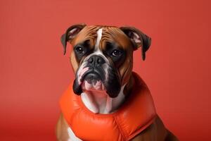 ai generatief portret van een schattig hond met oranje halsband Aan solide achtergrond foto