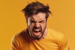 ai generatief een Mens Aan solide kleur achtergrond fotoshoot met woede gezicht expressie foto