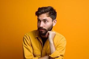 ai generatief een Mens Aan solide kleur achtergrond fotoshoot met walging gezicht expressie foto