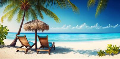 de strand met palm boom en stoel met ai gegenereerd foto