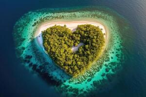 antenne visie van hart vorm eiland in zee. generatief ai foto