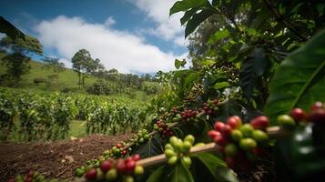 koffie boom met rood koffie bonen Aan koffie plantage. generatief ai foto