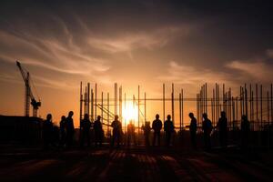 silhouetten van ingenieurs Bij bouw plaats Bij zonsondergang. generatief ai foto