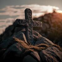 christen symbool Aan top van steen, kruis symbool Aan de rots heuvel generatief ai foto