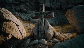 kruis symbool Aan de rots heuvel, christen symbool Aan top van rots generatief ai foto