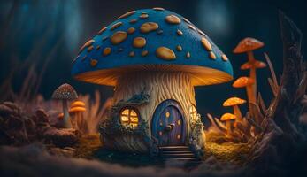 illustratie van giftig paddestoel huis, dwerg fee behuizing van giftig champignons generatief ai foto