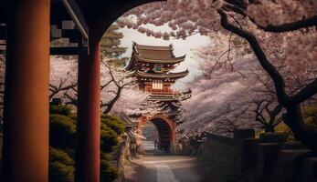 toji poort in kers bloesem tuin, Japans tuin landschap .generatief ai foto