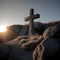 christen symbool Aan top van steen, kruis symbool Aan de rots heuvel generatief ai foto