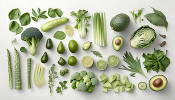 veel verschillend groen groenten Aan wit achtergrond. gezond voedsel vlak leggen. ai generatief foto