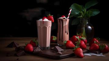 chocola milkshake met geslagen room, aardbeien en donker chocola stukken Aan een donker achtergrond. foto